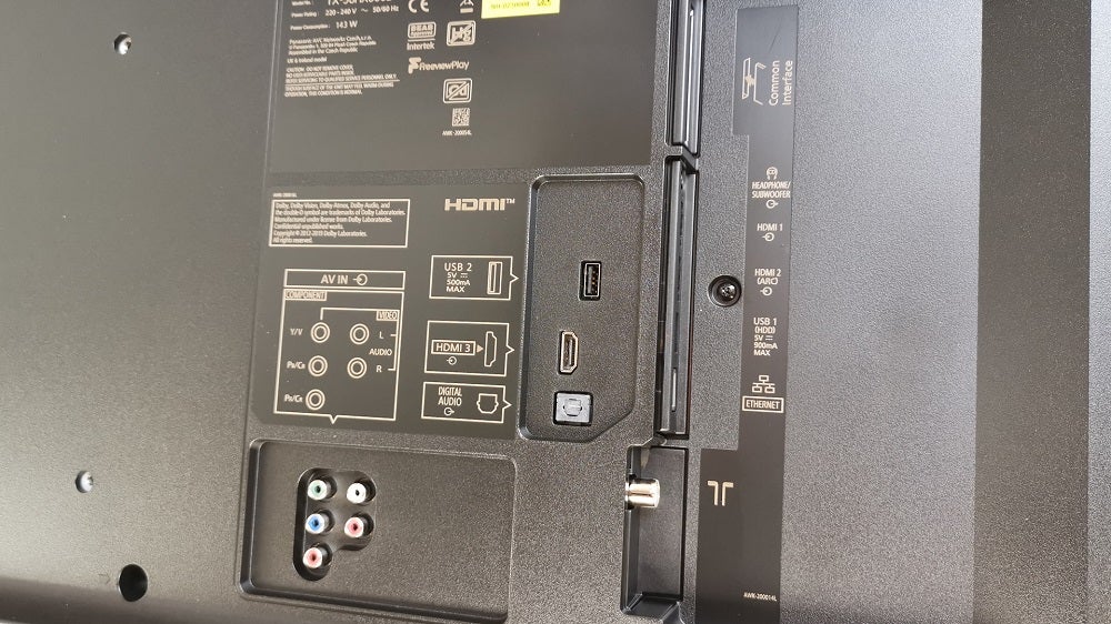 Close up image of ports section on back panel of a black Panasonix HX800 TV 