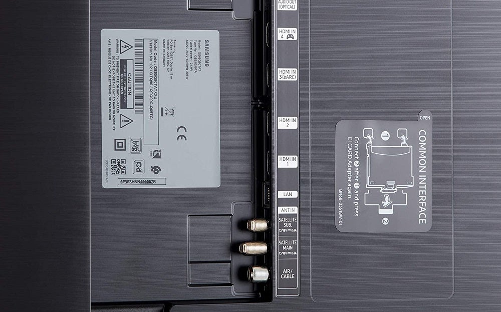 Back panel and ports section view of a black Samsung Q90T TV
