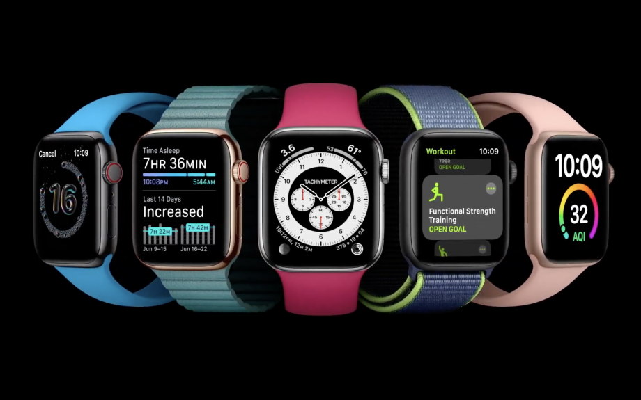 Five different colored Apple watches standing on black background