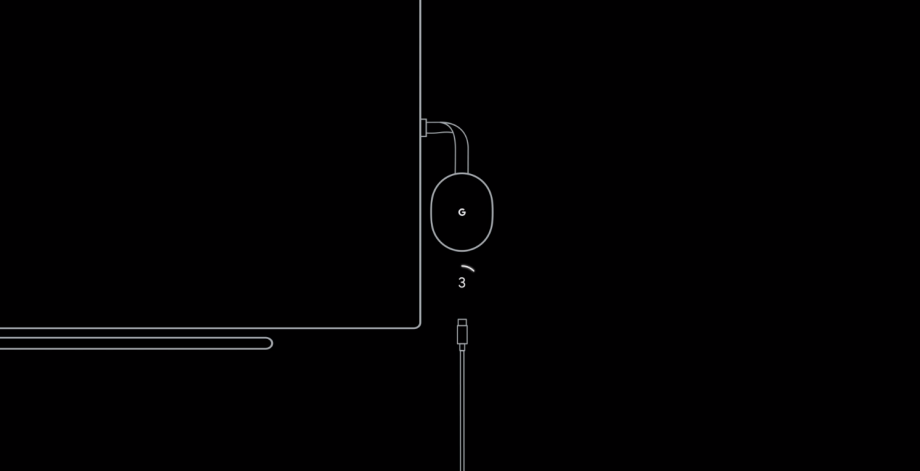 A black and white diagram of a Chromecast attached to a TV