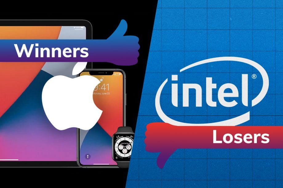 Apple products with an Apple logo on top on left tagged as winners and Intel logo on right tagged as losers