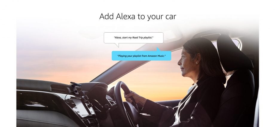 A picture of a woman driving a car and add Alexa to your car written on top
