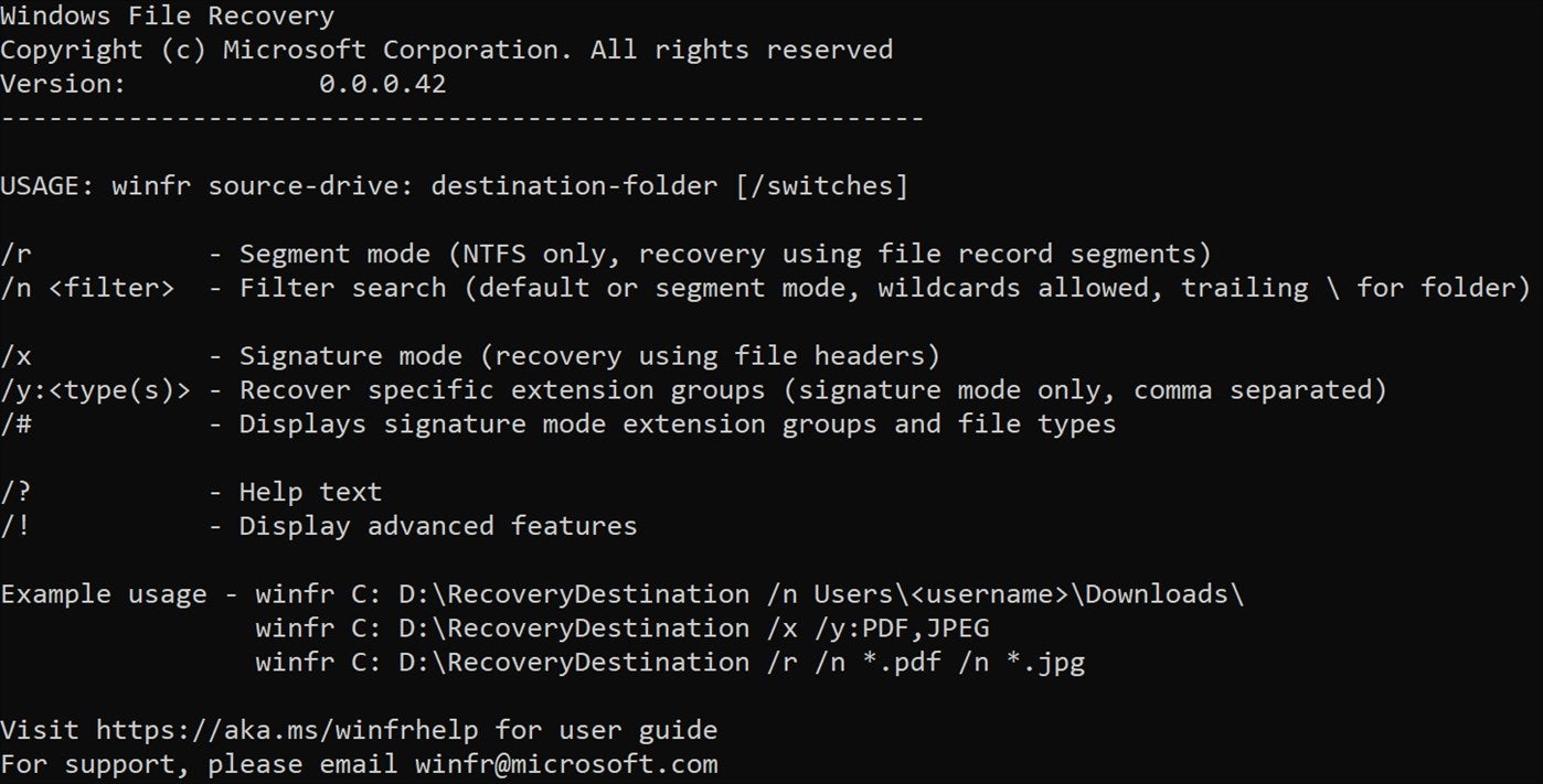 Screenshot of a command prompt with details displayed about Windows File recovery
