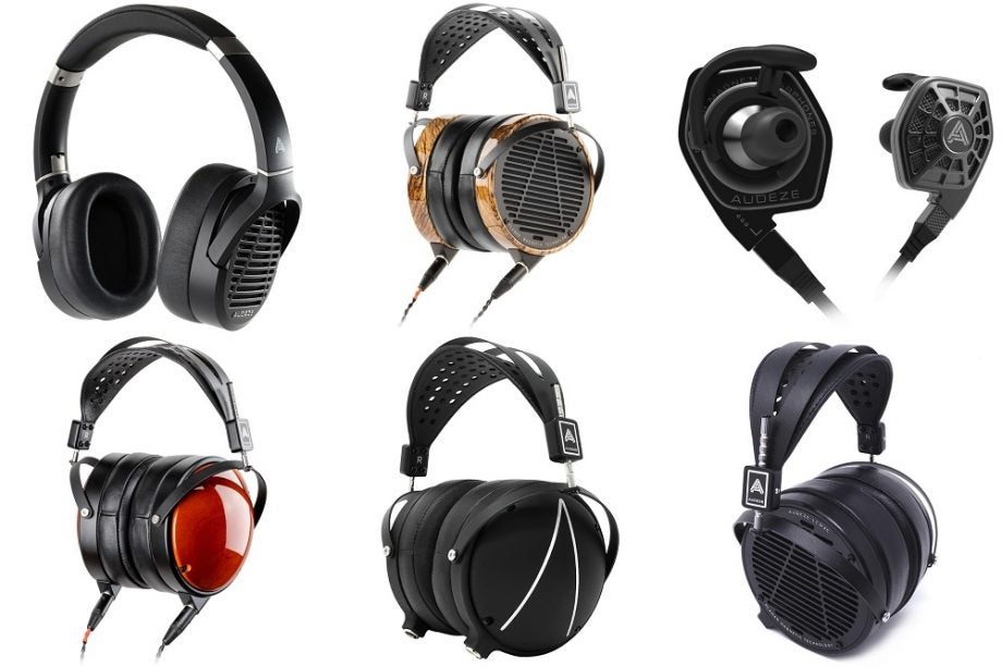 Six different types of Audeze headphones standing on white background