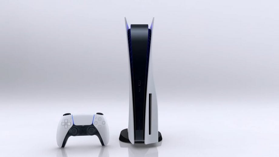 A PS5 with it contorller standing on a white background