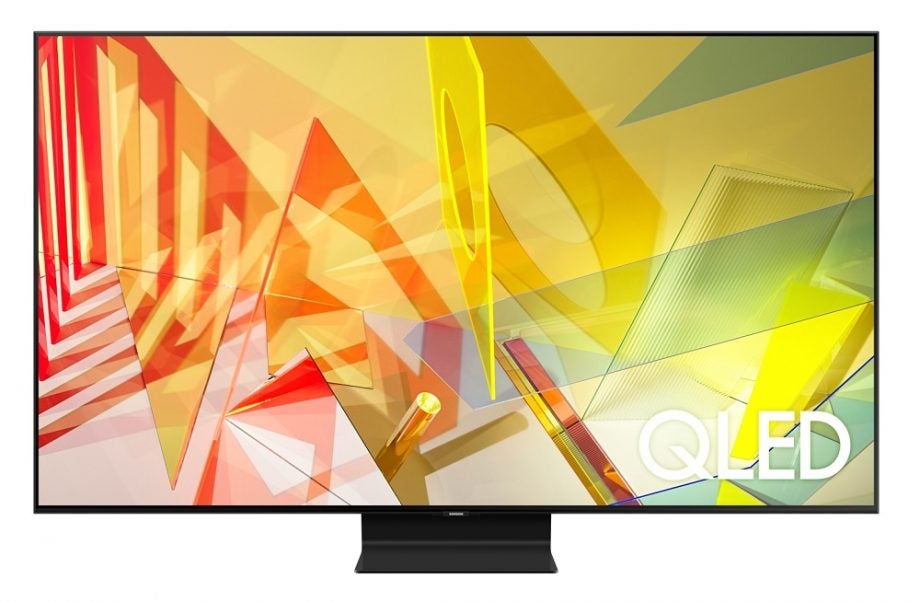 A black Samsung Q90T TV standing on a white background