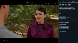 Screenshot of a screen displaying S1:E1 of a comedy-drama series called Upload on Amazon prime with watch party settings menu on right