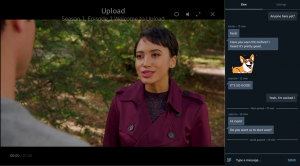 Screenshot of a screen displaying S1:E1 of a comedy-drama series called Upload on Amazon prime with watch party chats section on right