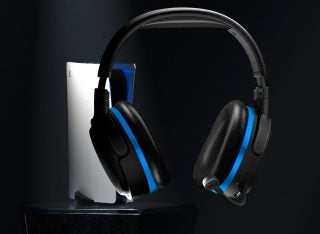 Blue-black Audeze Penrose X headphones floating and a PS5 kept behind