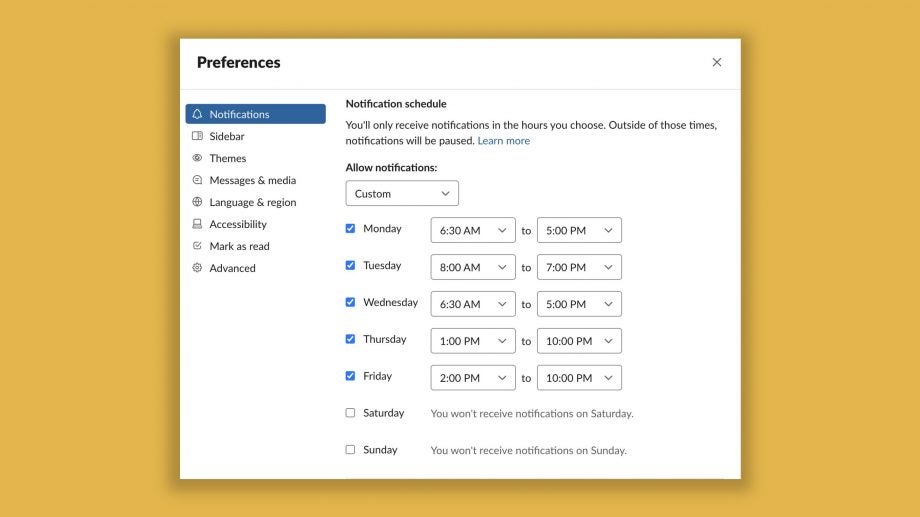 Screenshot of notification schedule settings under prefrences settings menu
