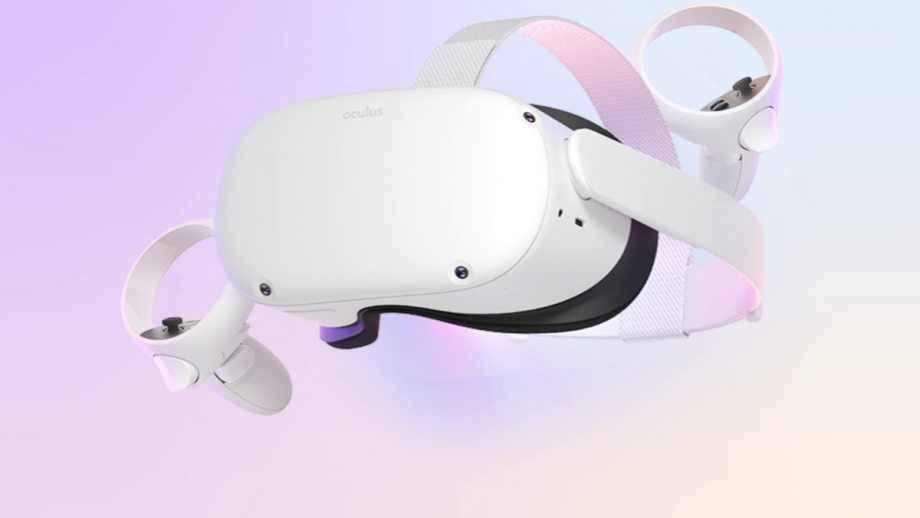 White Oculus Quest 2 set floating on a pink-white background