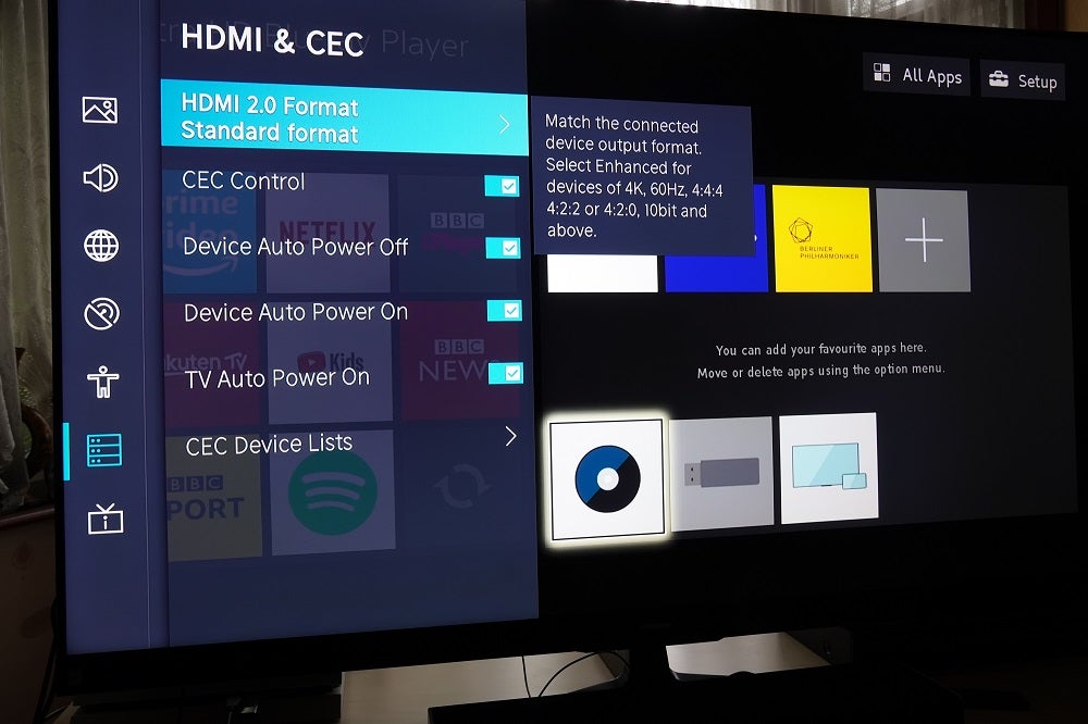 A black Hisense U8Q displaying HDMI & CEC settings menu