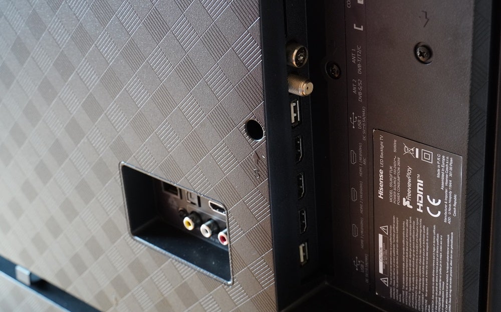 Close up image of ports section on back panel of a black Hisense U8Q TV