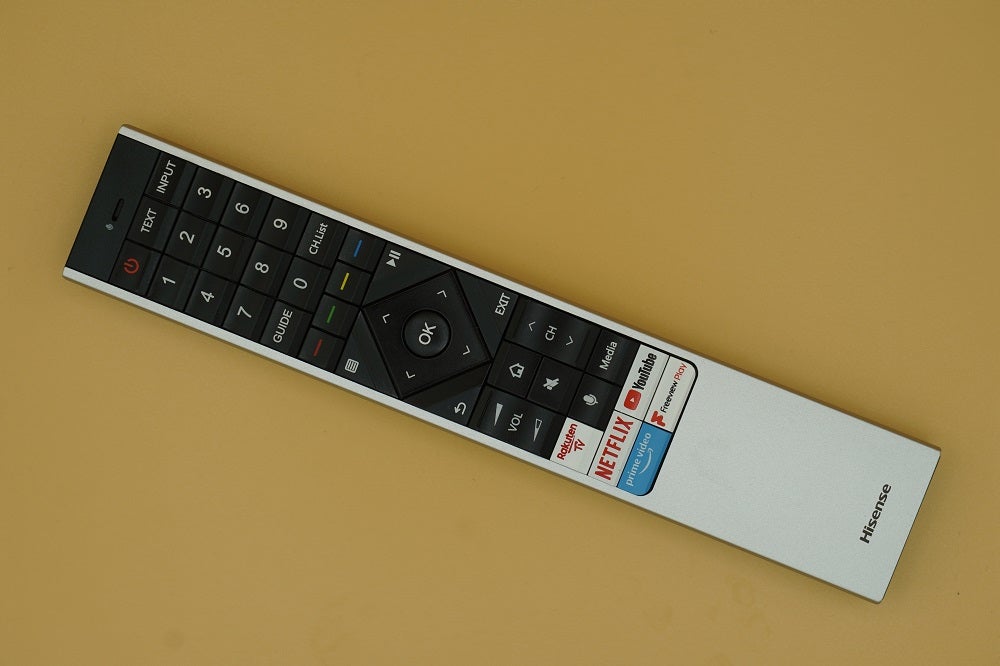Hisense U8Q TV's white remote resting on a table
