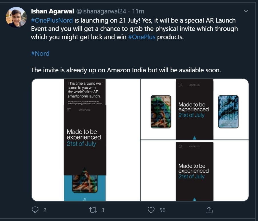 Screenshot of a tweet about launching of One Plus Nord on 21 July