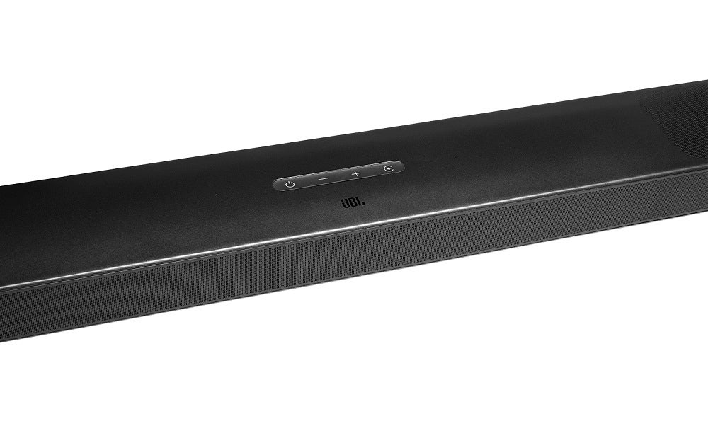 A black JBL bar 9.1 resting on white background
