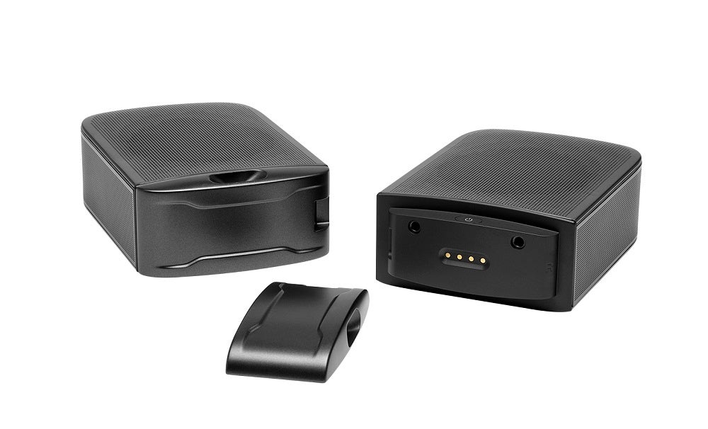Black JBL bar 9.1 speakers set resting on white background, without soudbar