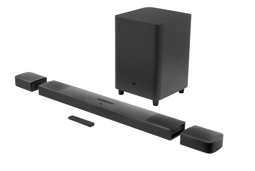 Black JBL bar 9.1 complete speakers set resting on white background