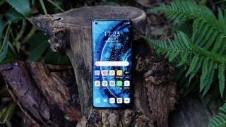 An Oppo Finds X2 standing against a tree trunk displaying homescreen