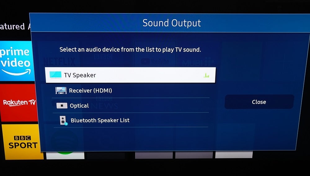 Picture of a Samsung QLED TVs sound settings menu