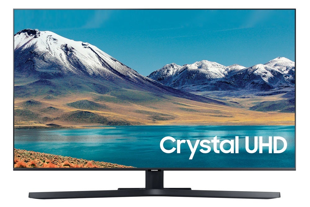 A black Samsung TU8500 TV standing on white background