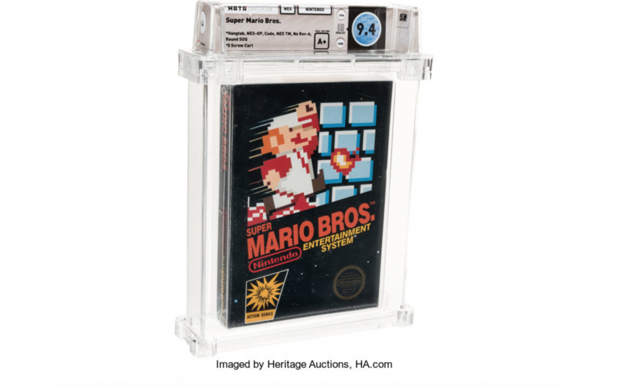 Super Mario Bros game cassette standing on a white background