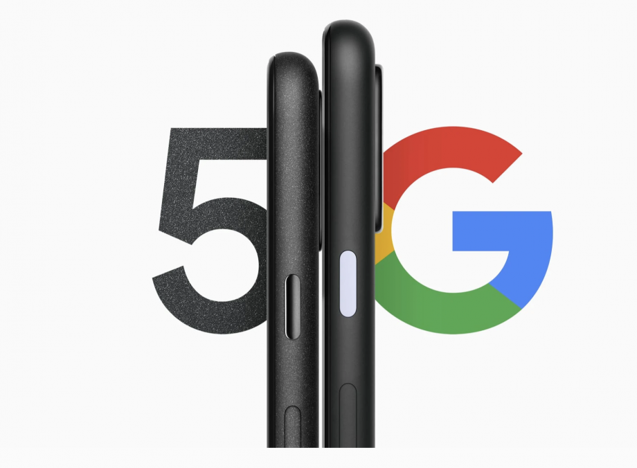 Side edge view of two black smartphones standing on white background with 5G written on it