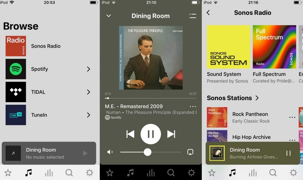 Sonos One SLScreenshots from Sonos S2 app about browsing music, player and Sonos radio