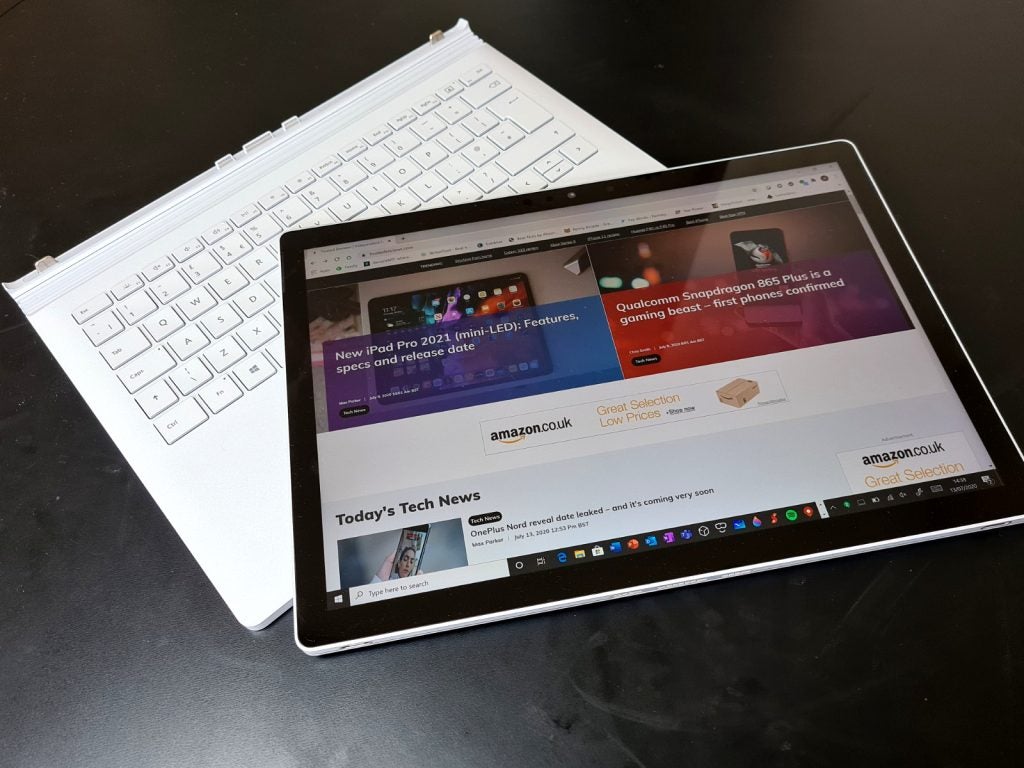 Surface Book 3An undocked white Surface Book 3 resting on a table