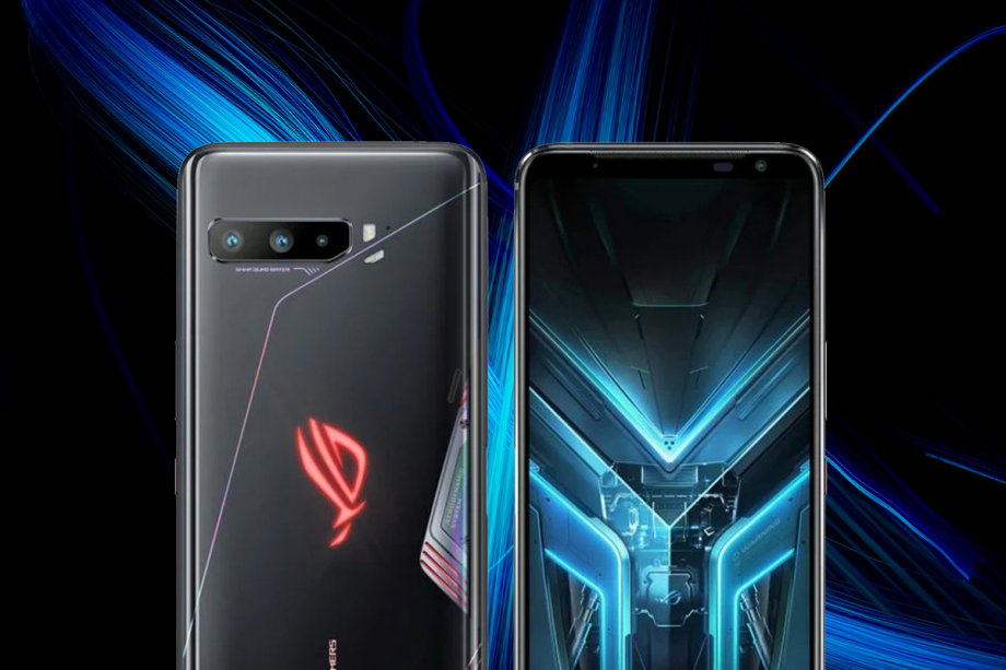 Front and back panel view of Rog Phone 3 standing on a black-blue background