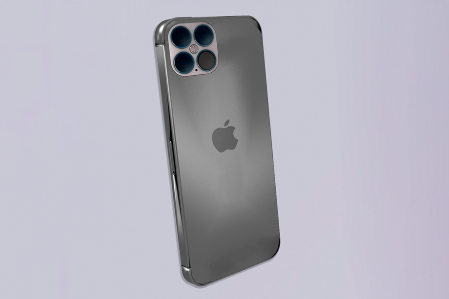 Back panel view of a gray iPhone 12 floating on a silver background