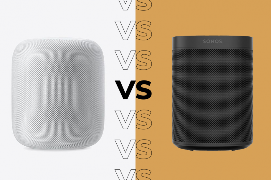 Comparision image of a white Homepod on left and a black Sonos One on the right