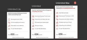 Vodafone unlimited plans. Which networks have unlimited data?Screenshot of three data speed plans with details and price listed