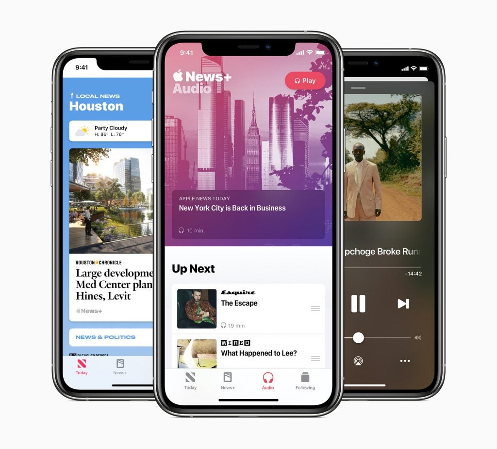 Three iPhone standing on white background displaying news on Apple news and news+audio