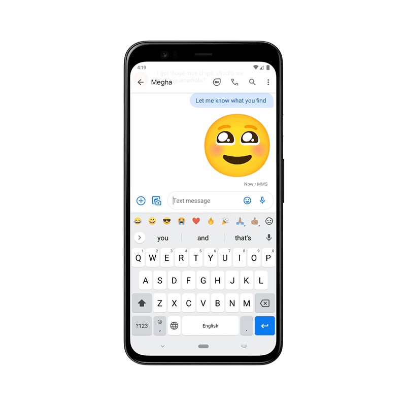 A GIF of a black smartphone standing on white background explaining Google keyborad's emoji shorcut