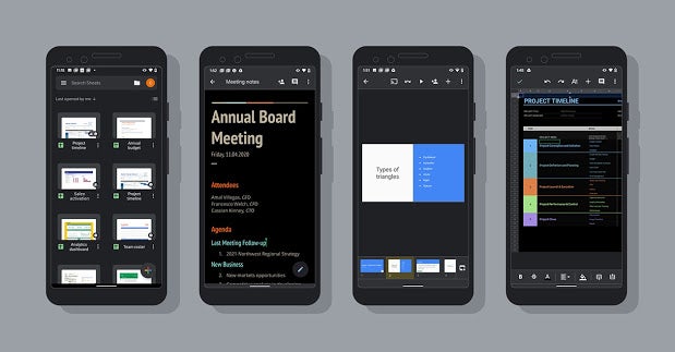 Four smartphones displaying dark theme all around the UI