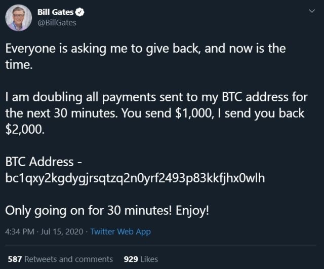 Screenshot of the tweet that was sent from Bill Gates Twitter account after being hacked