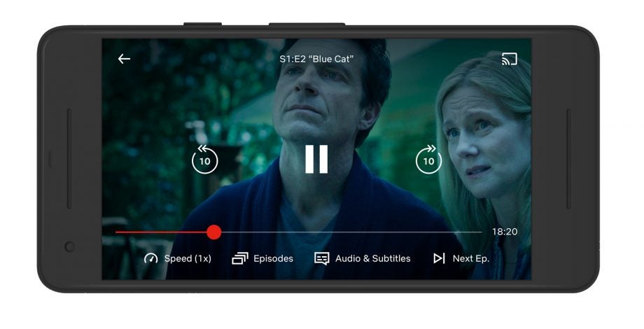 A smartphone playing S1:E2 of Blue Cat on Netflix showing variable playback speed
