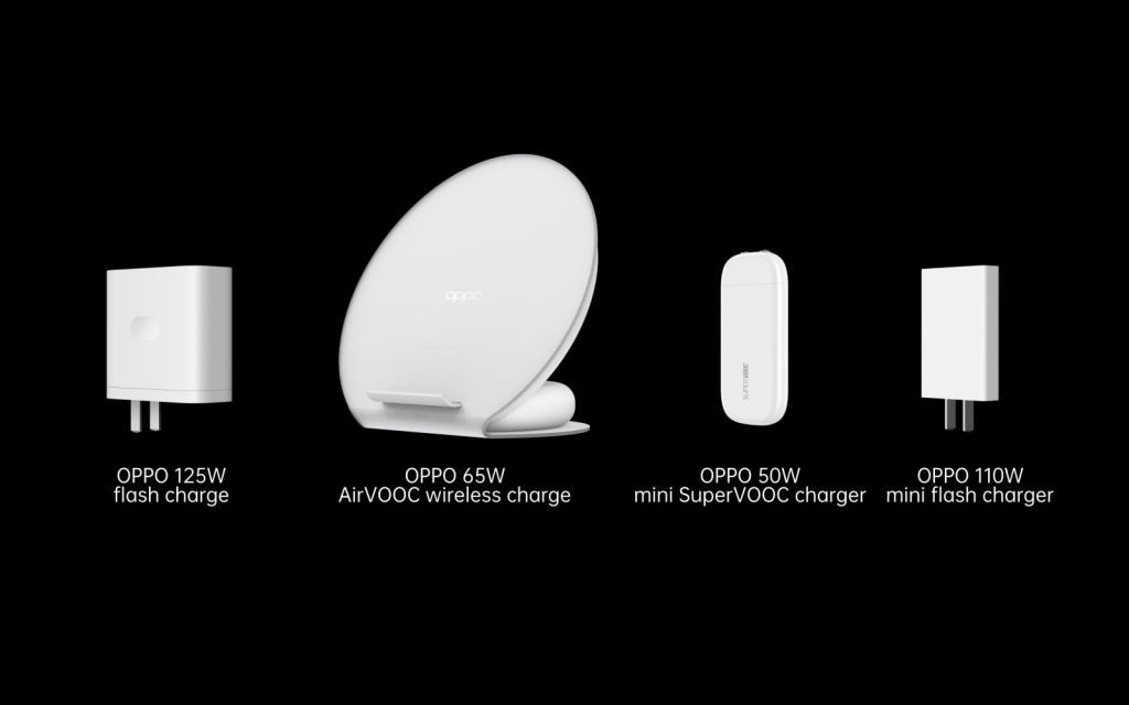 Differen t white Oppo chargers standing on black background with names written below