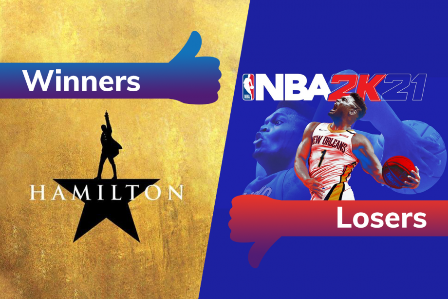Logo of Hamilton movie on left tagged as winners and wallpaper of NBA 2K21 on the right tagged as losers