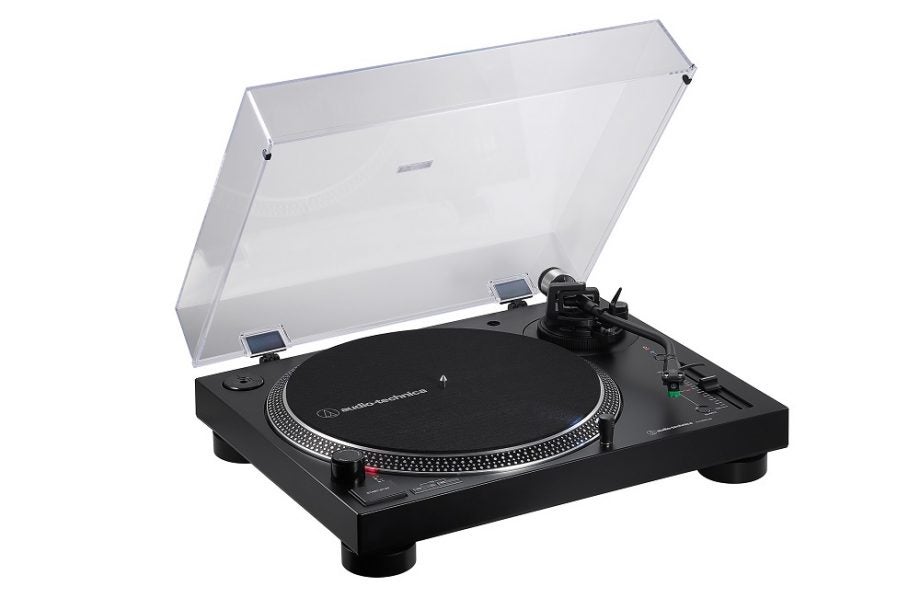 A black Audio Technica LP120XBT standing on a white background