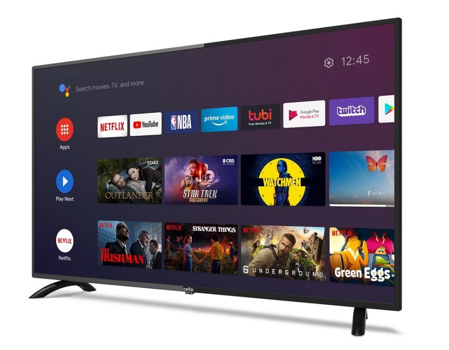 Right angled view of a black Cello C4320G TV displaying Android TVs homescreen