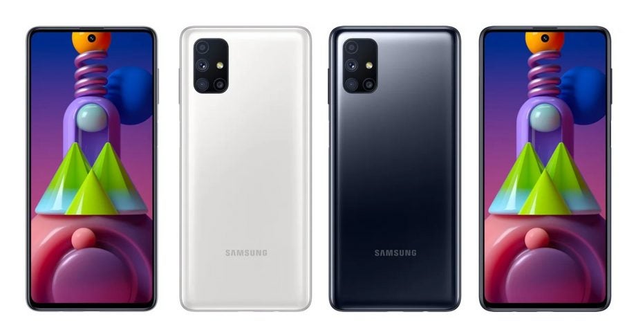 Front and back panel view of four Samsung smartphones standing on white background
