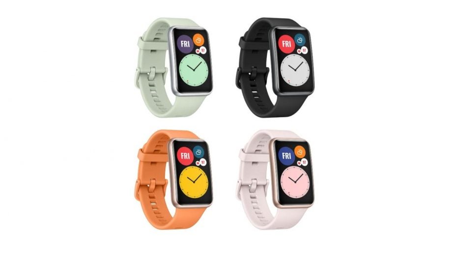 Four different colored Huawei watches standing on a white background