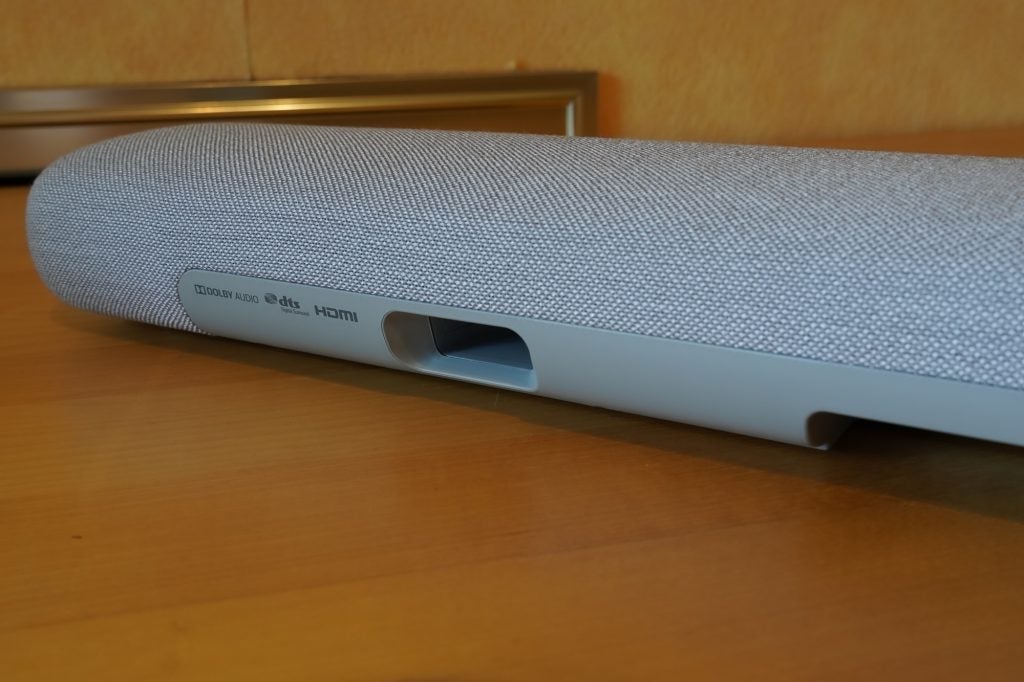 Back side view of a silver Samsung HW S60T soundbar