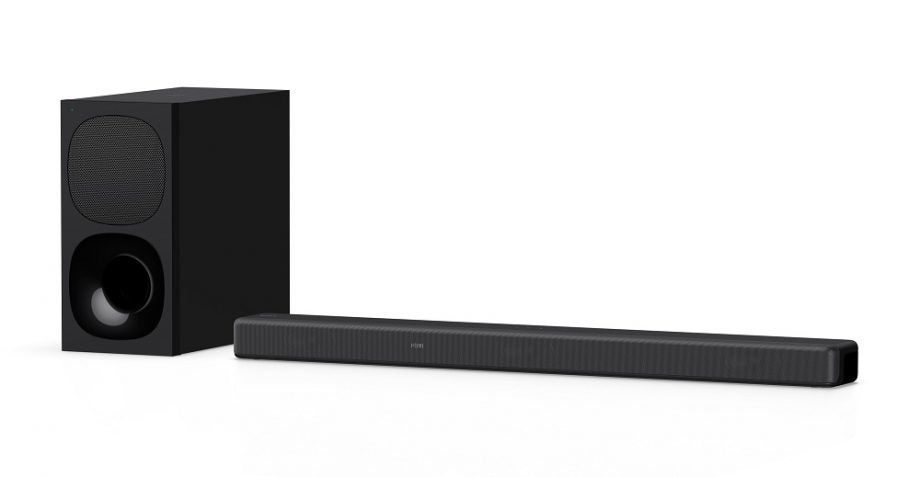 Black Sony HT G700 speakers standing on a white background