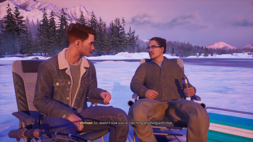 Picture of two man sitting in a snowy place, scene from a game called Tell Me Why