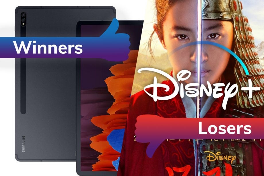 Picture of a black Samsung tablet on the left tagged as winners and wallpaper of Mulan with Disney+ logo on right tagged as losers