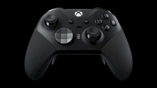 A black Xbox controller floating on a black background