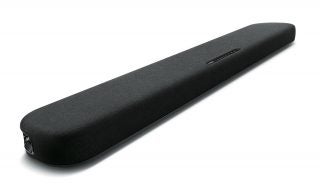 A black Yamaha B20 soundbar resting on white background